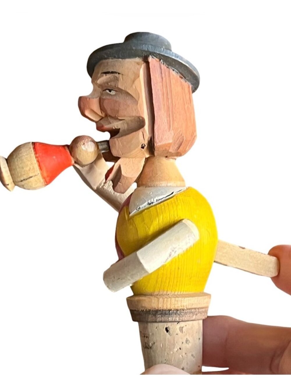 Hand-Carved Wooden Bottle Stopper w/ Articulated Man with Wine Flask German